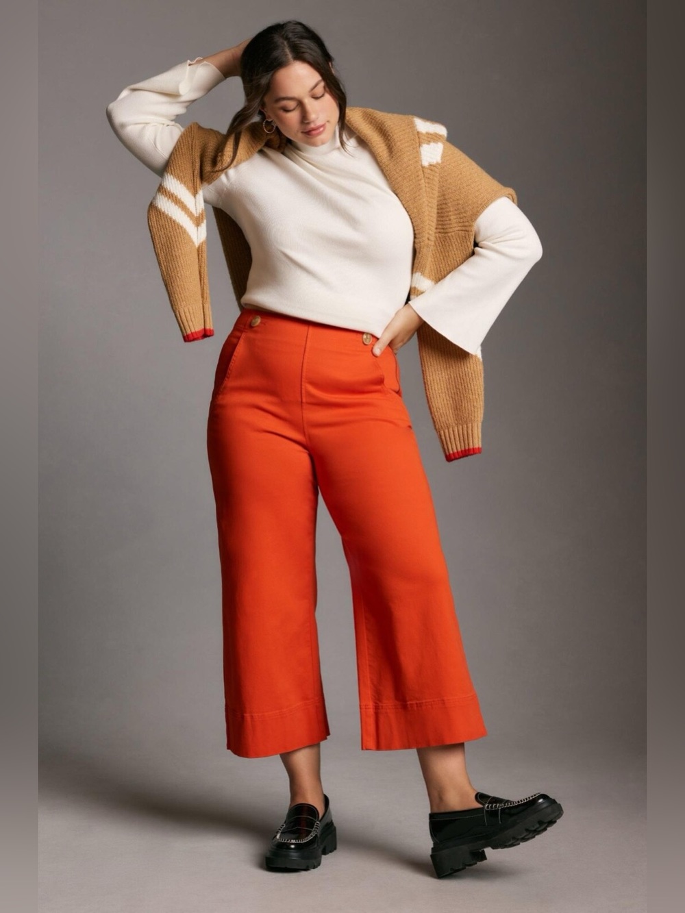 ANTHROPOLOGIE ||Maeve Fire Red Orange Wide-Leg Buttoned Cropped Culottes Size 10